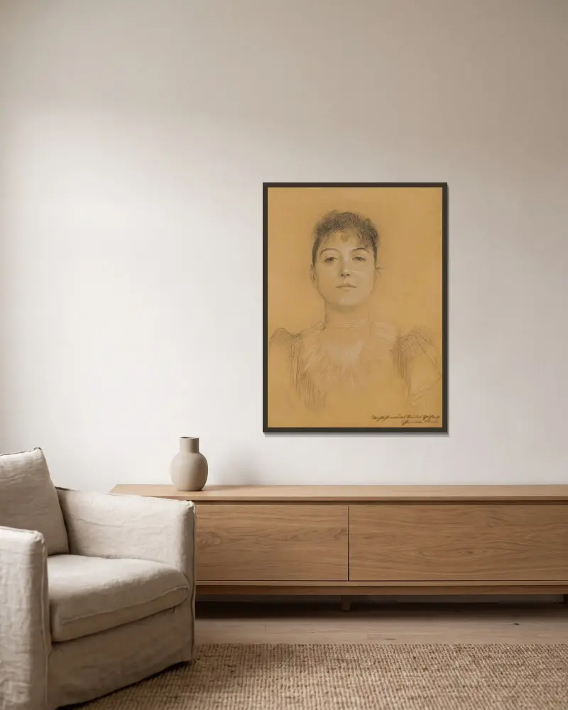 Porträt einer Frau av Gustav Klimt inramad på en vägg