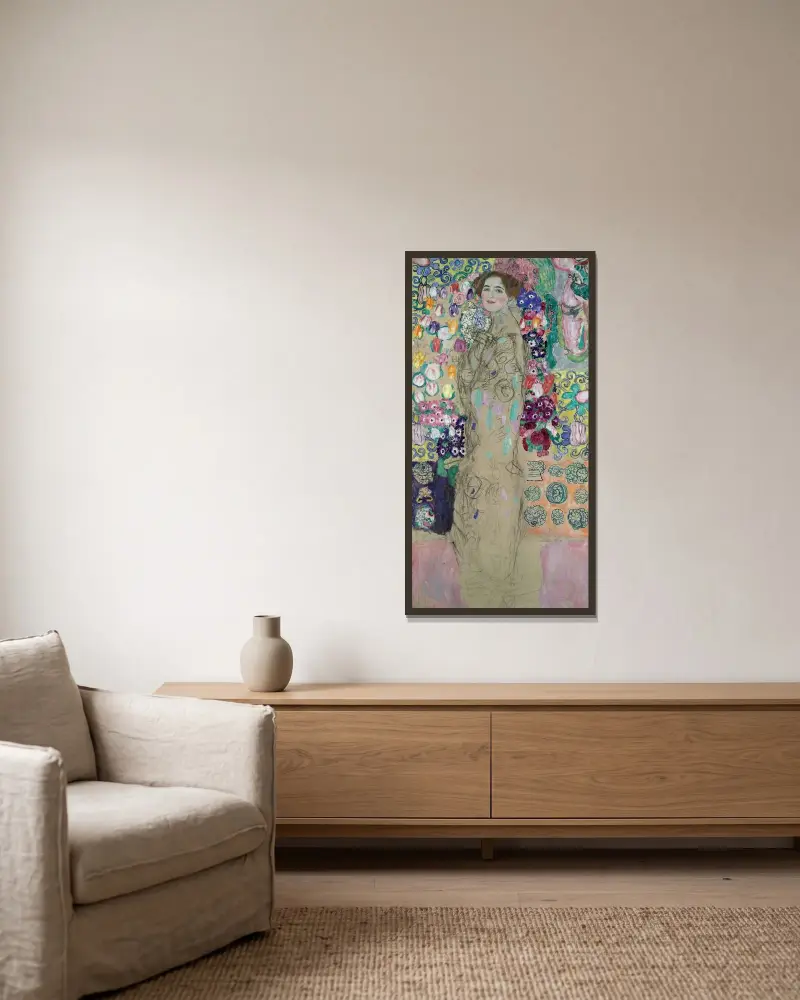 Posthumous Portrait of Ria Munk III av Gustav Klimt inramad på en vägg