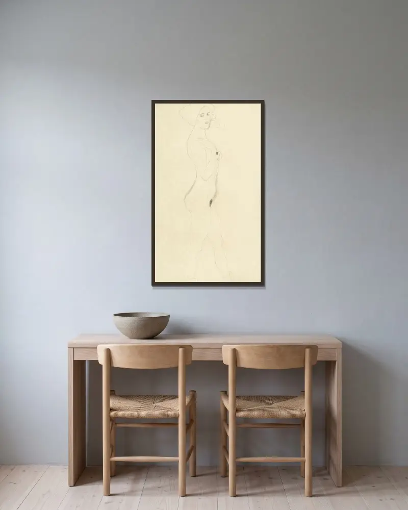 Schreitende nach rechts, die rechte Hand an der Schulter av Gustav Klimt inramad på en vägg