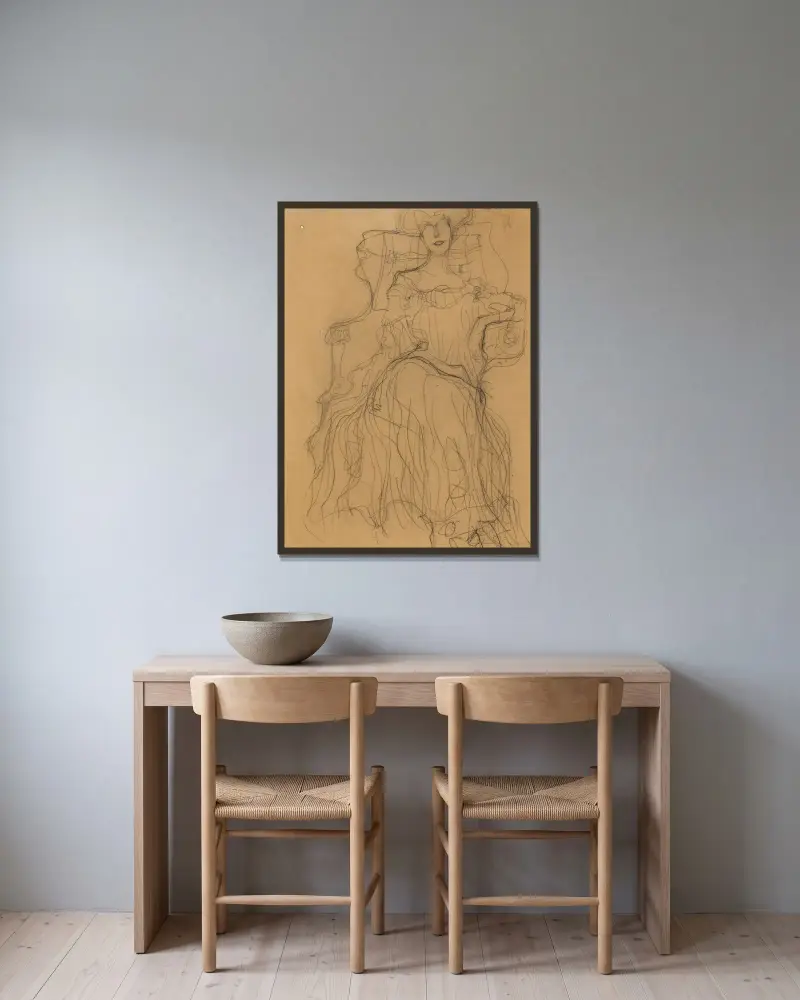 Sedící zepředu, Gustav Klimt v rámu na stěně