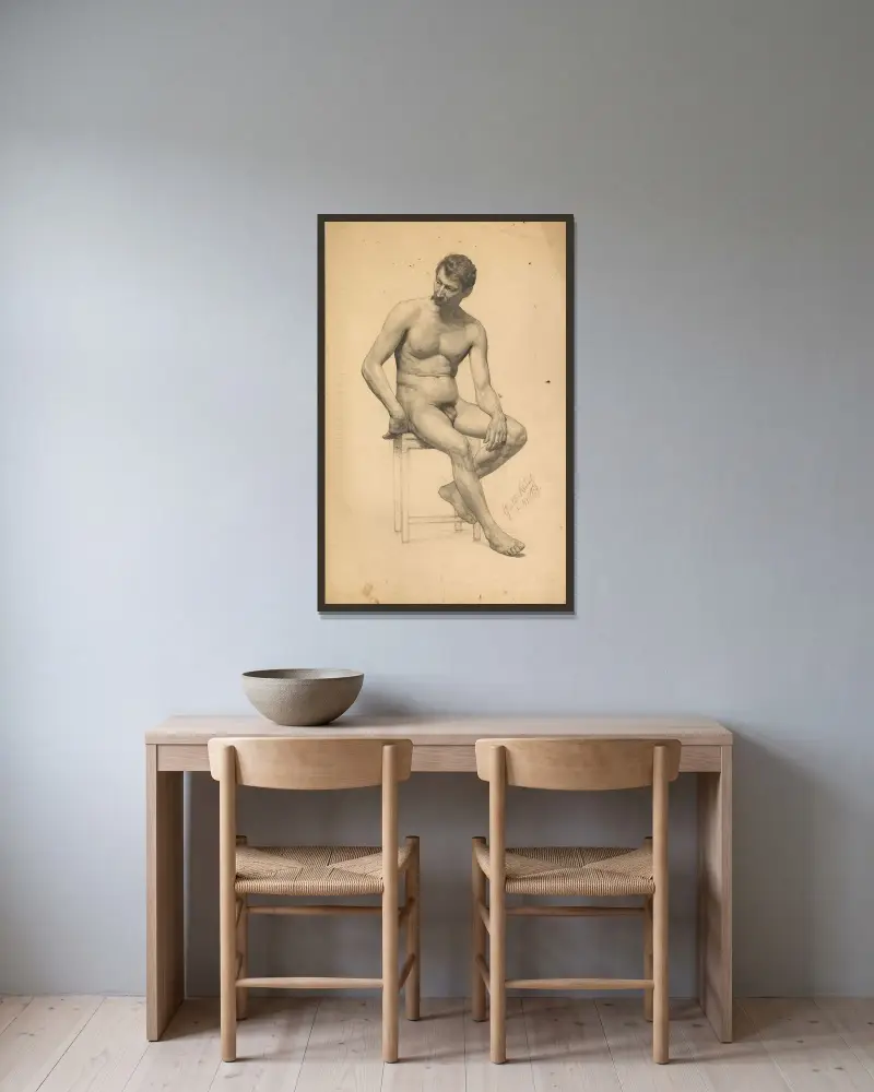 Sedící mužský akt, Gustav Klimt v rámu na stěně