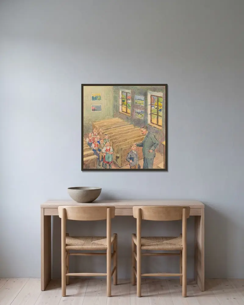 1. – Teacher with Children in a Class av Gustáv Mallý inramad på en vägg