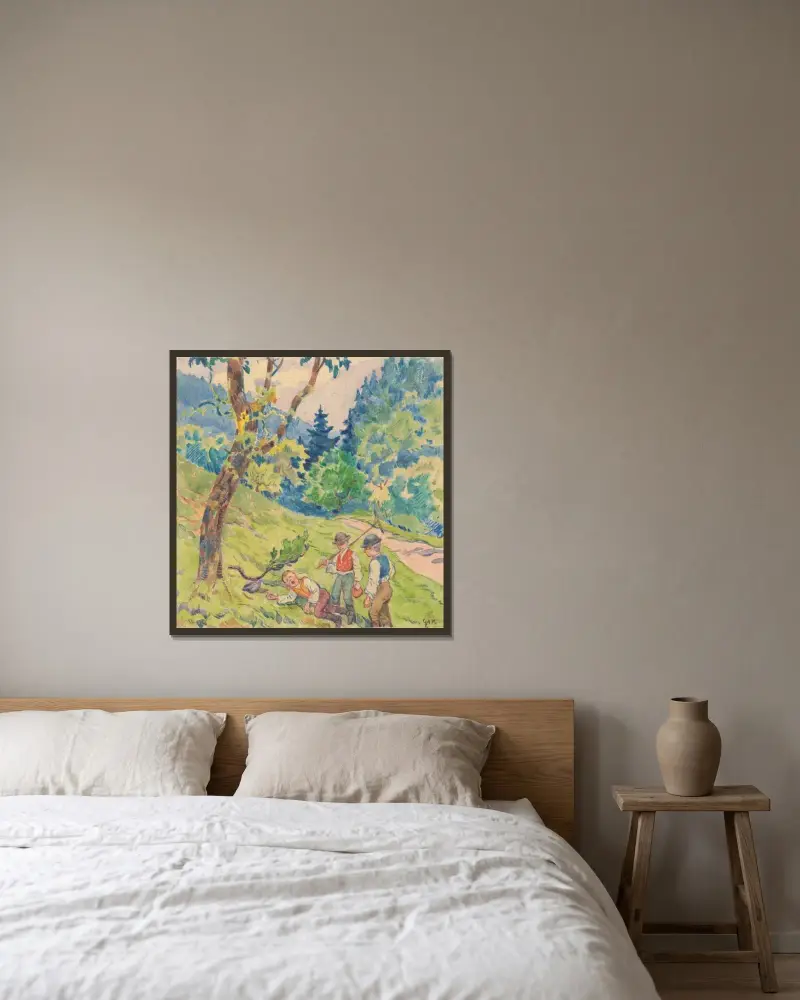Drei Männer am Waldrand von Gustáv Mallý gerahmt an einer Wand