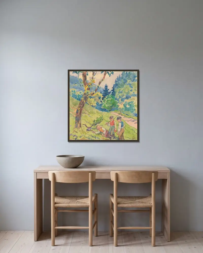 Drei Männer am Waldrand von Gustáv Mallý gerahmt an einer Wand