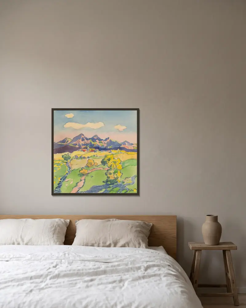 Blick über ein Dorf unterhalb des Berges zwischen Wiesen von Gustáv Mallý gerahmt an einer Wand