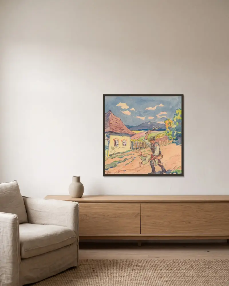 9. – Payment for Painting White-Limed Cottage av Gustáv Mallý inramad på en vägg
