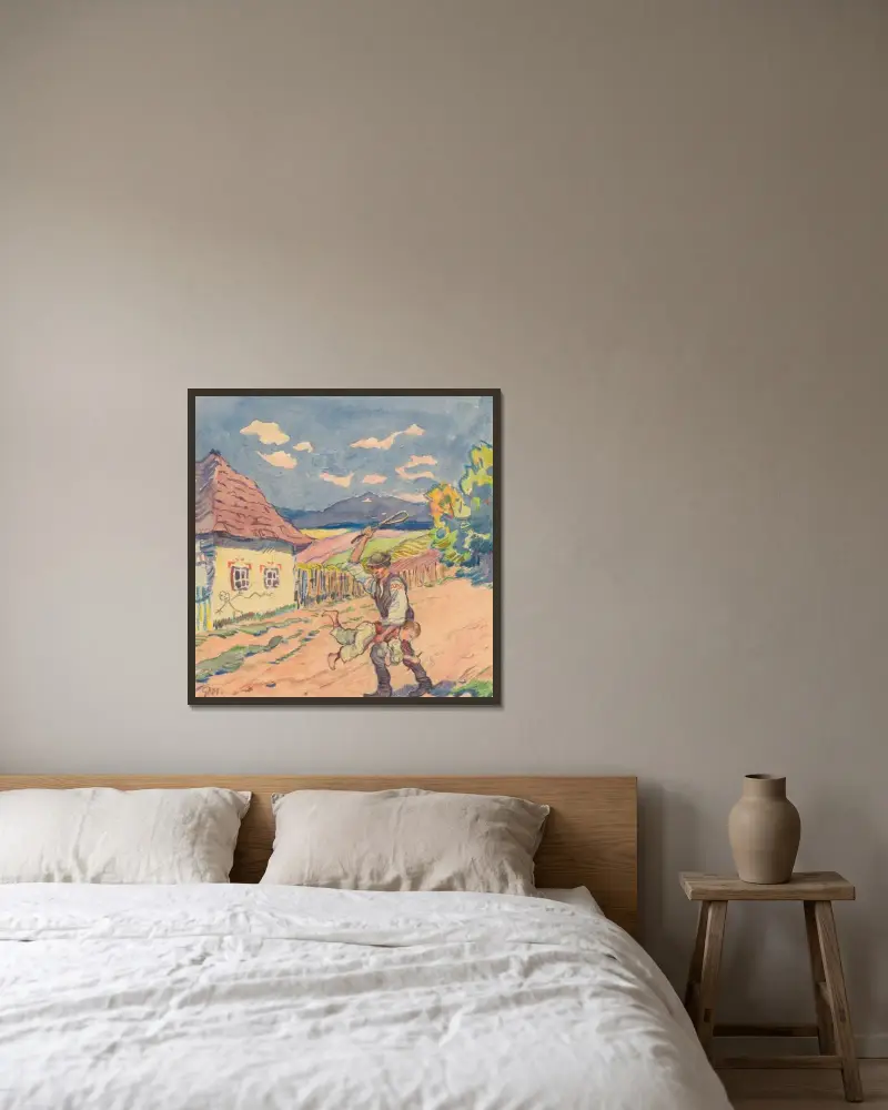9. – Payment for Painting White-Limed Cottage av Gustáv Mallý inramad på en vägg