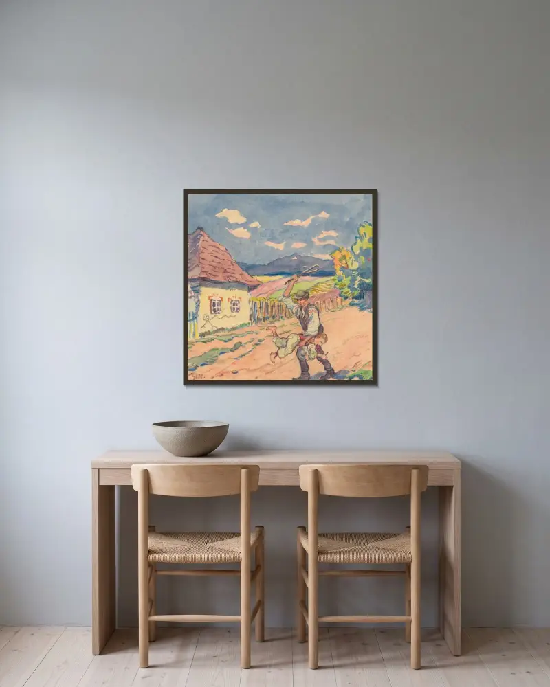 9. – Payment for Painting White-Limed Cottage av Gustáv Mallý inramad på en vägg