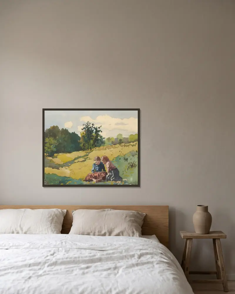 Barn på äng av Gustáv Mallý inramad på en vägg