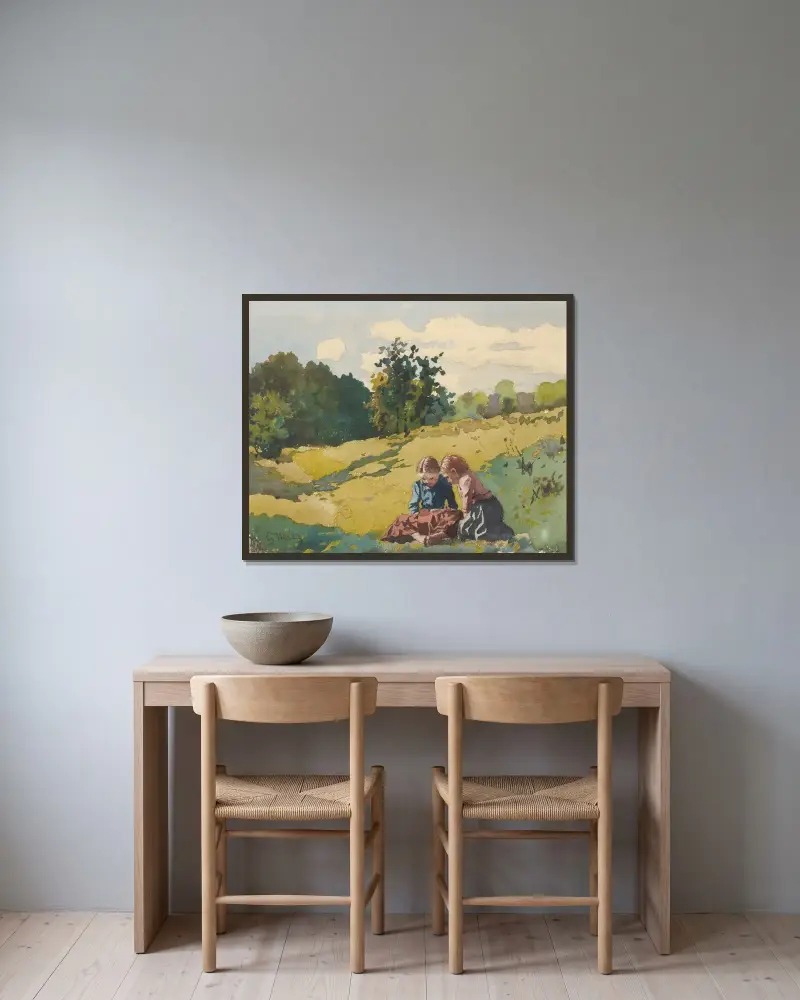Barn på äng av Gustáv Mallý inramad på en vägg