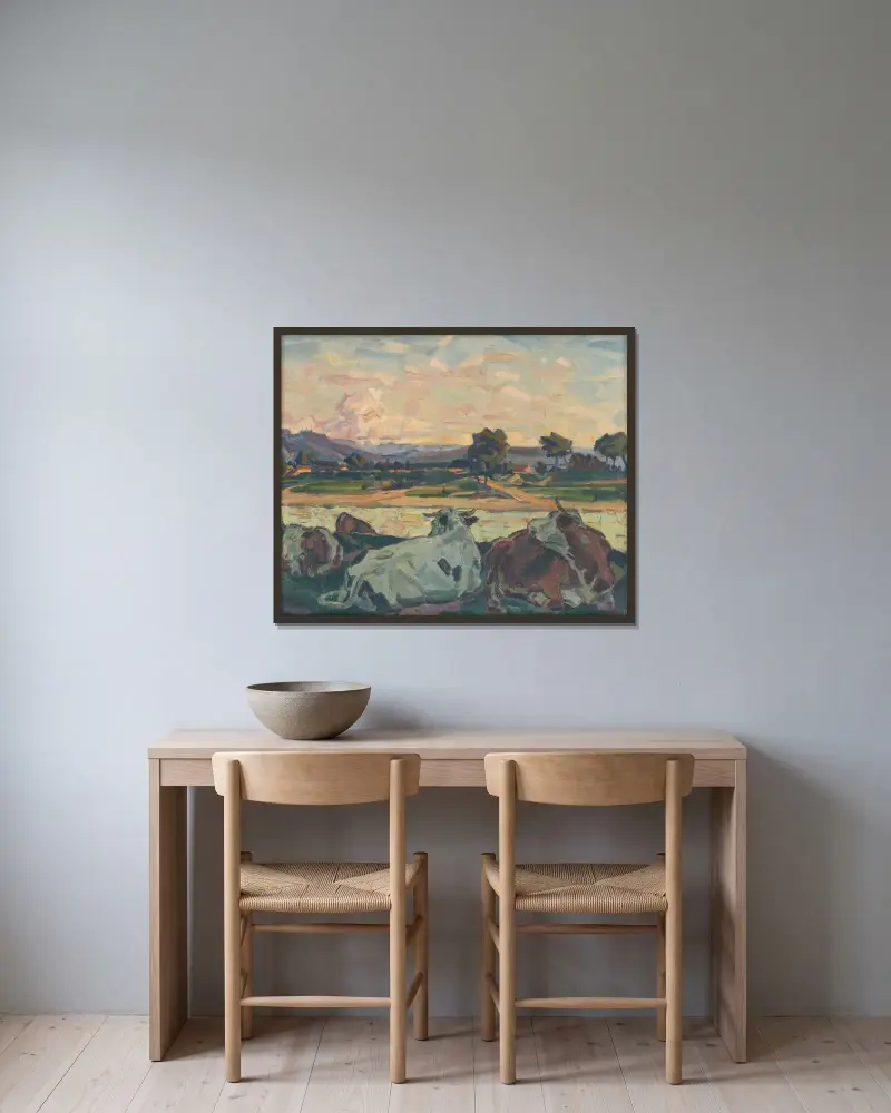 Kor på en flodbank av Gustáv Mallý inramad på en vägg