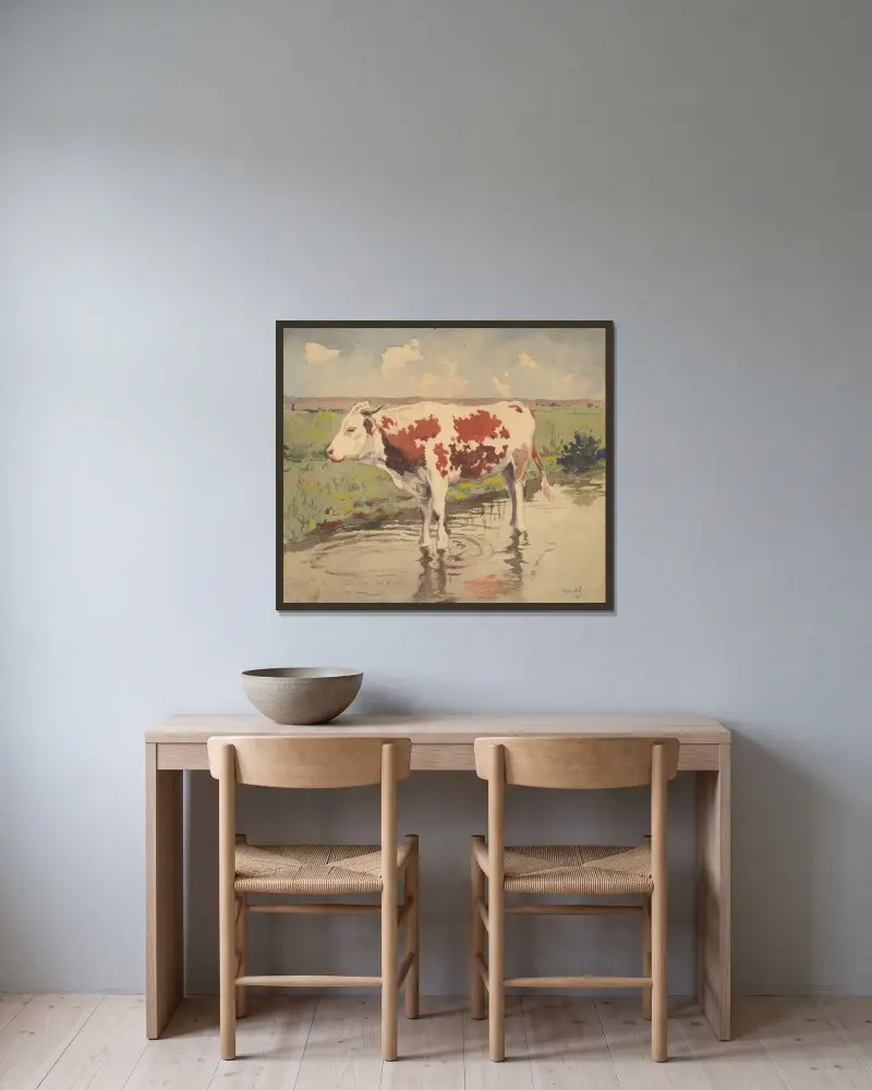 Liten ko av Gustáv Mallý inramad på en vägg