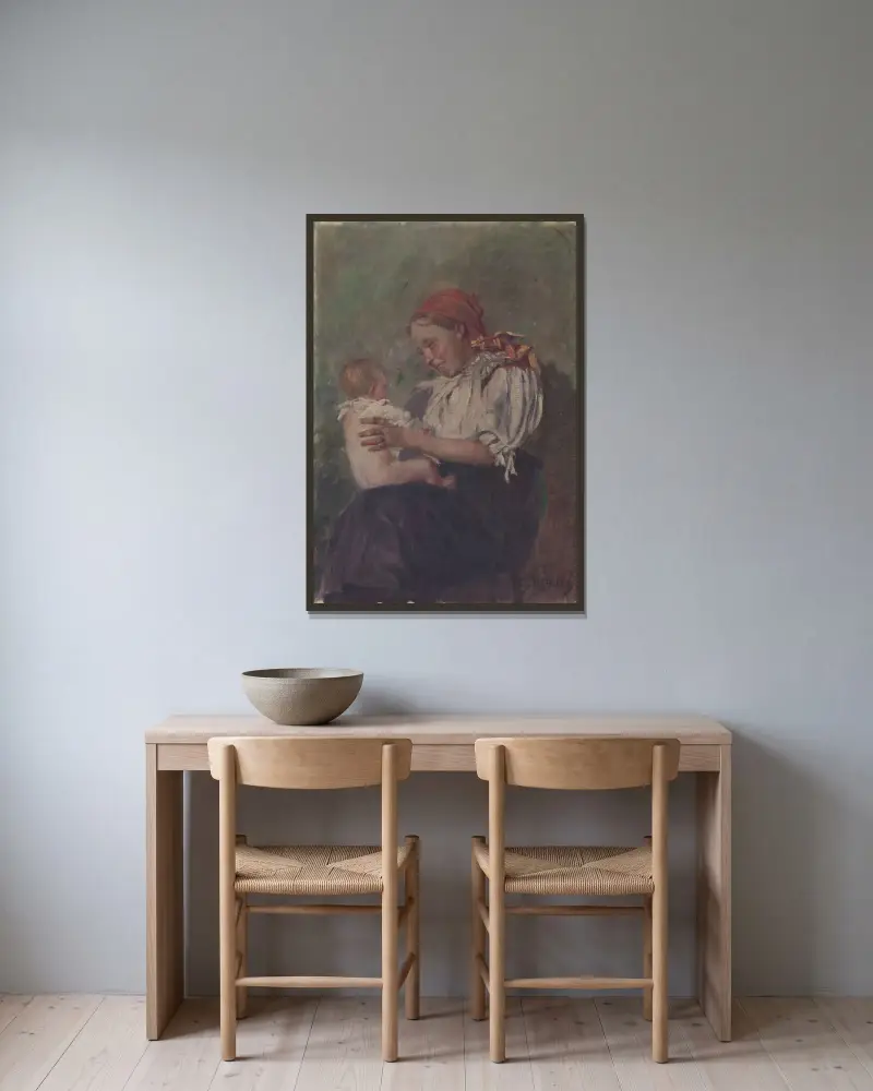 Mor med barn av Gustáv Mallý inramad på en vägg