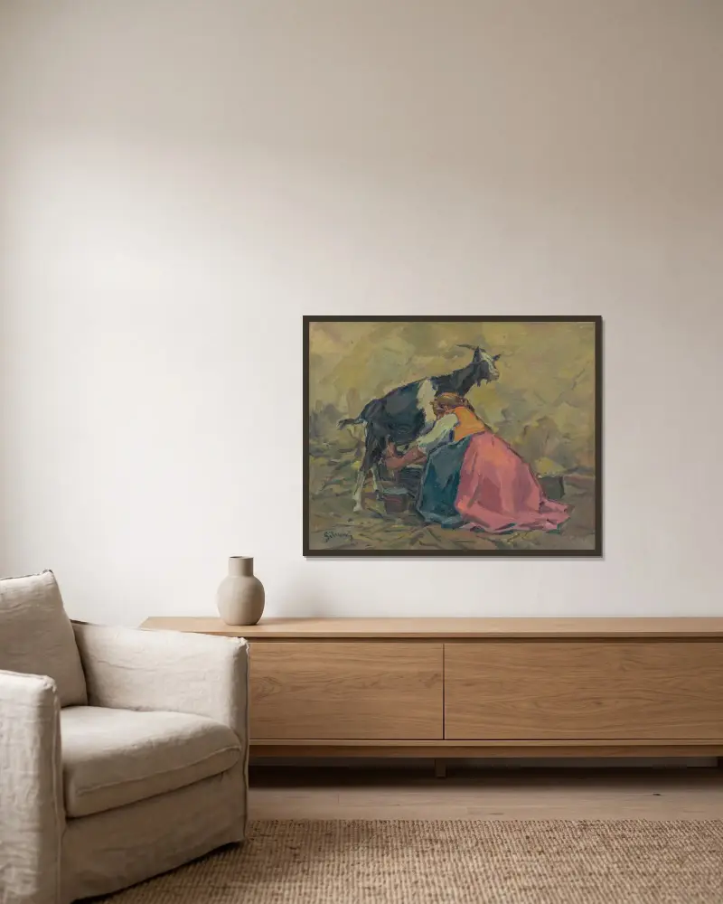 Milking von Gustáv Mallý gerahmt an einer Wand