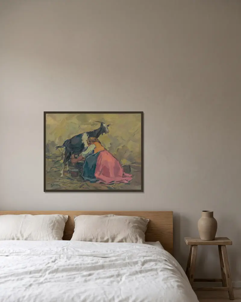 Milking von Gustáv Mallý gerahmt an einer Wand