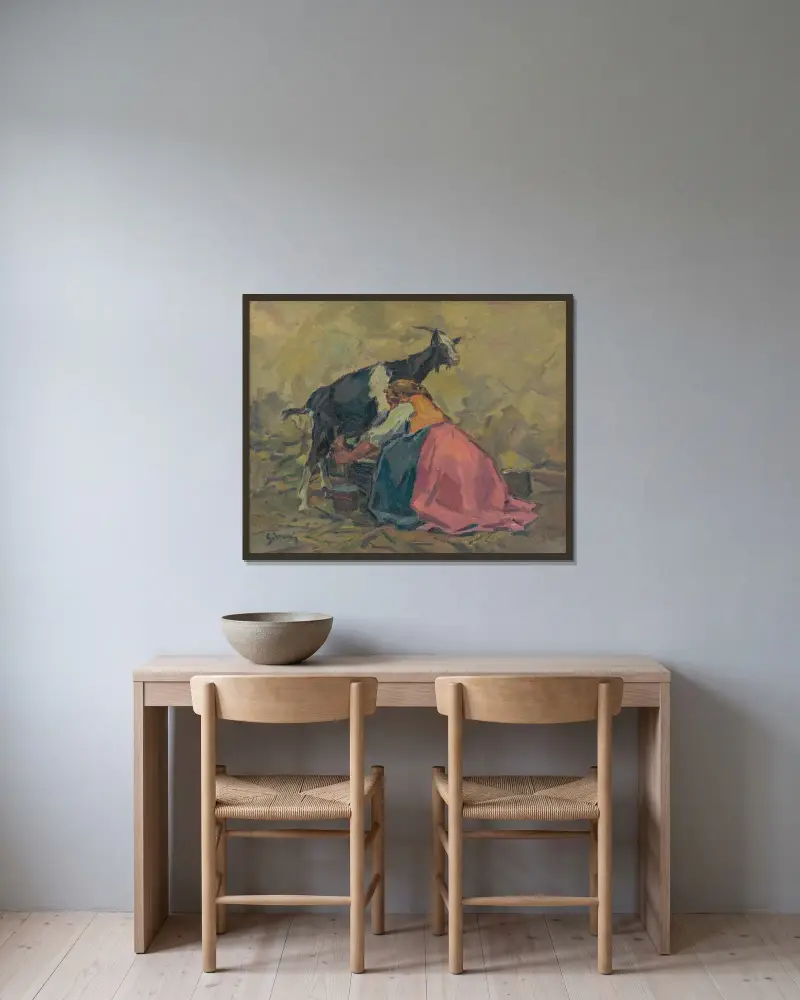 Milking von Gustáv Mallý gerahmt an einer Wand