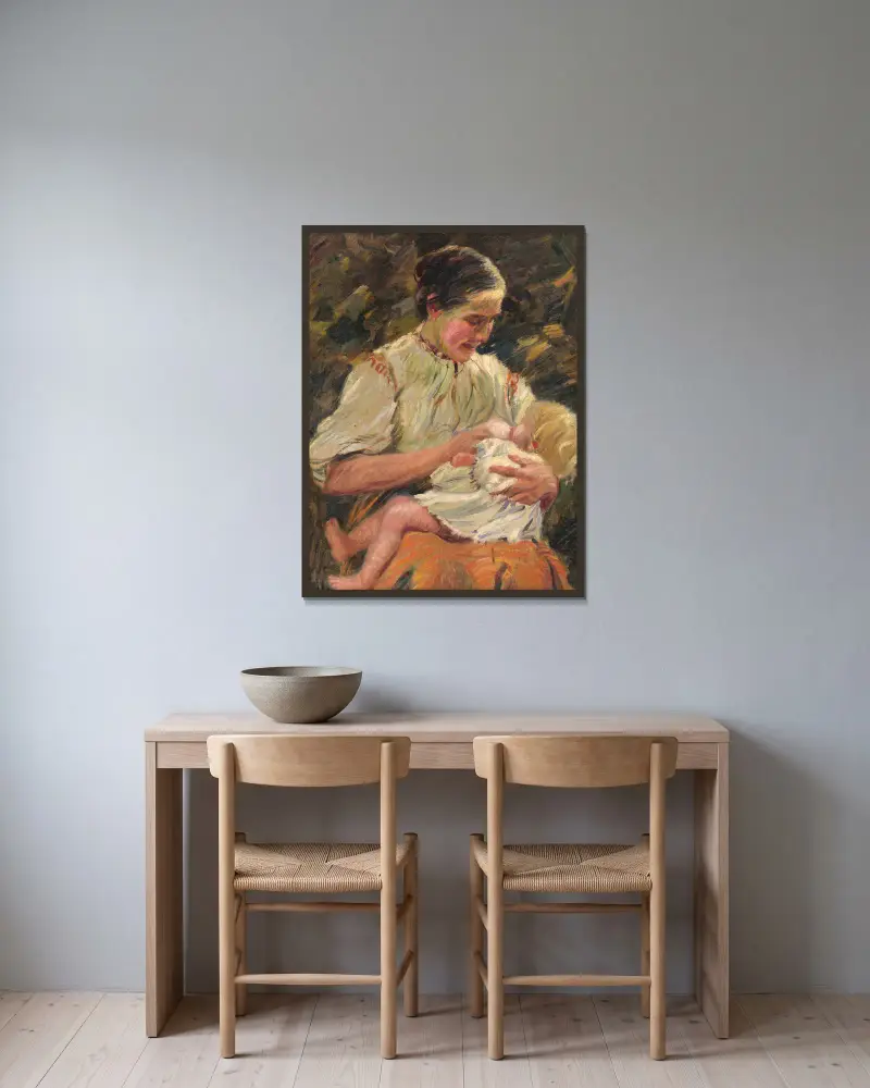 Stillende Mutter, 1923 von Gustáv Mallý gerahmt an einer Wand