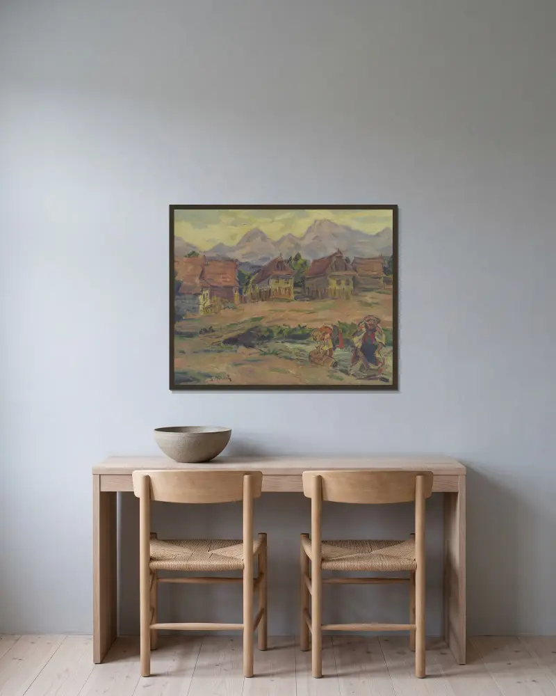 Vid en bäck nedanför Tatrabergen av Gustáv Mallý inramad på en vägg