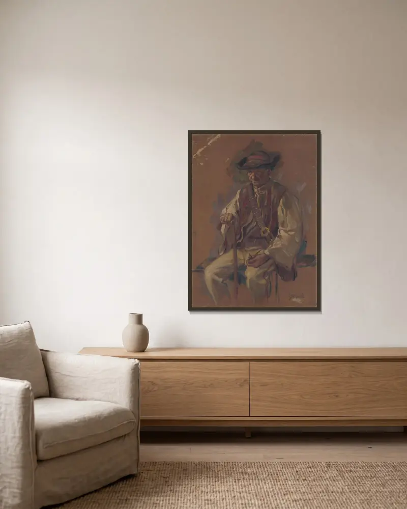 Portrait of a Standing Man in a Folk Costume av Gustáv Mallý inramad på en vägg