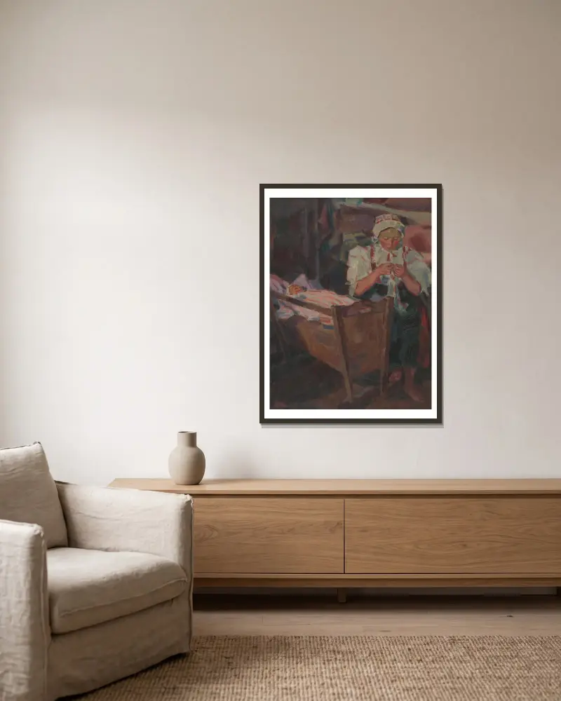 An der Wiege von Gustáv Mallý gerahmt an einer Wand