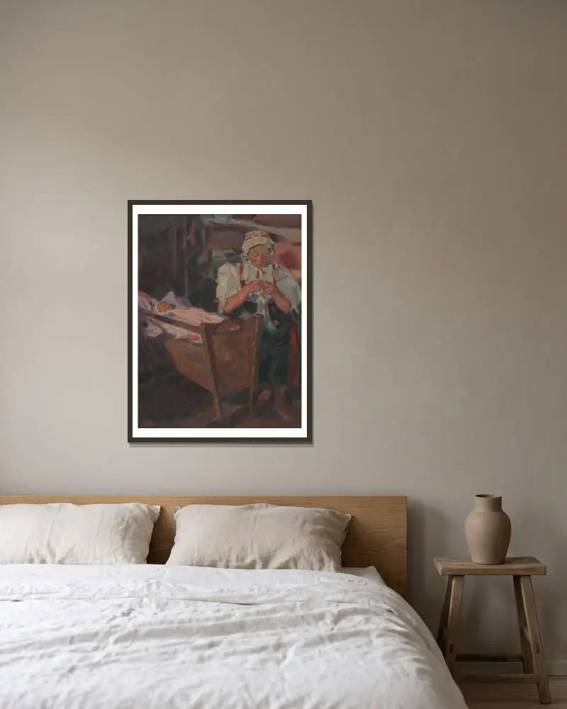 An der Wiege von Gustáv Mallý gerahmt an einer Wand