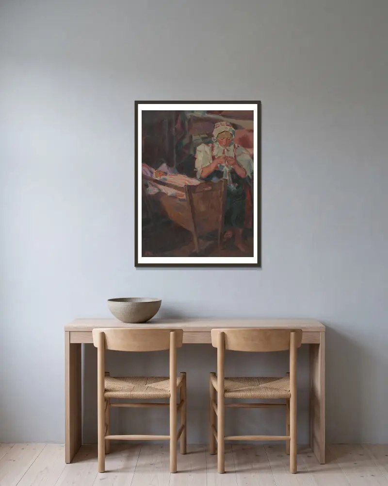 An der Wiege von Gustáv Mallý gerahmt an einer Wand