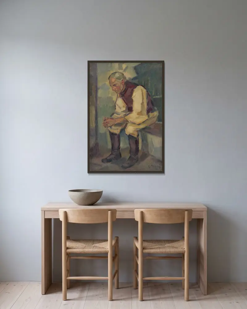 Studie av en sittande gammal man av Gustáv Mallý inramad på en vägg