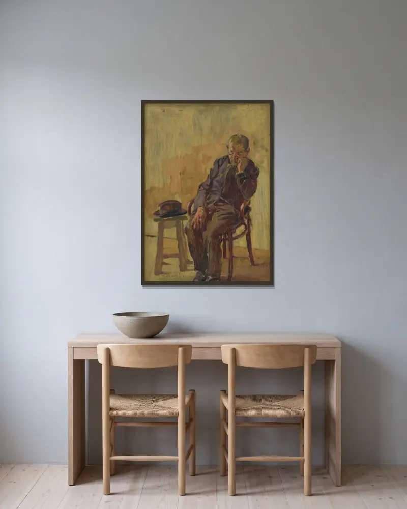 Studie av en sittande gammal man av Gustáv Mallý inramad på en vägg
