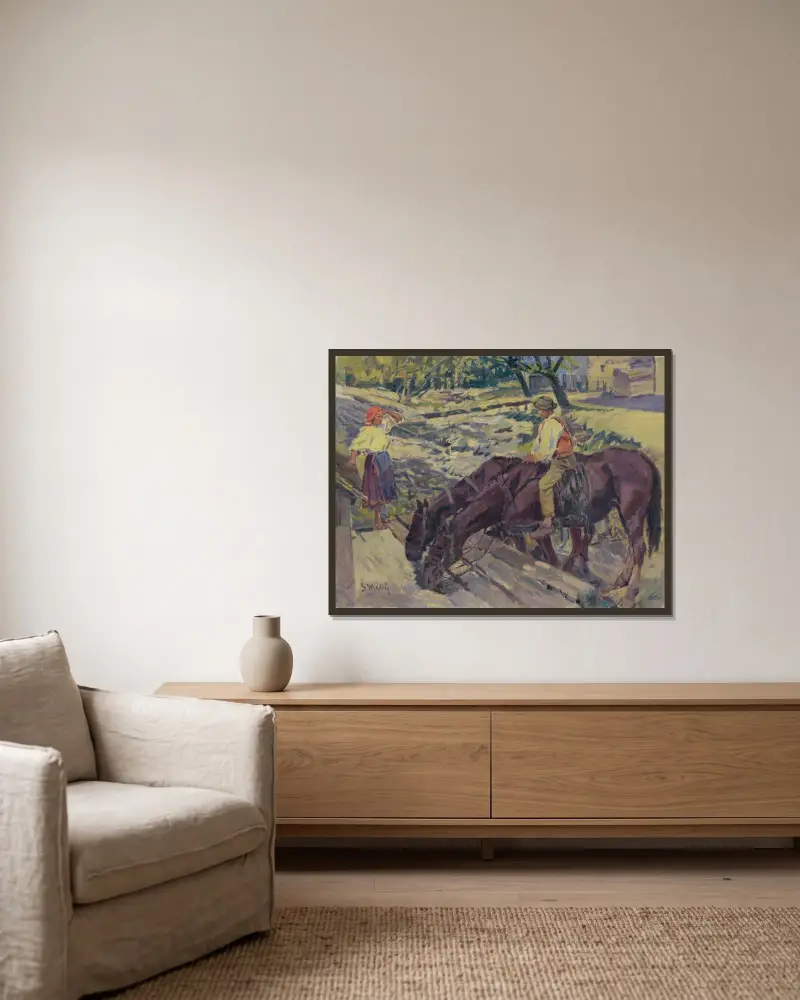 Watering Horses av Gustáv Mallý inramad på en vägg