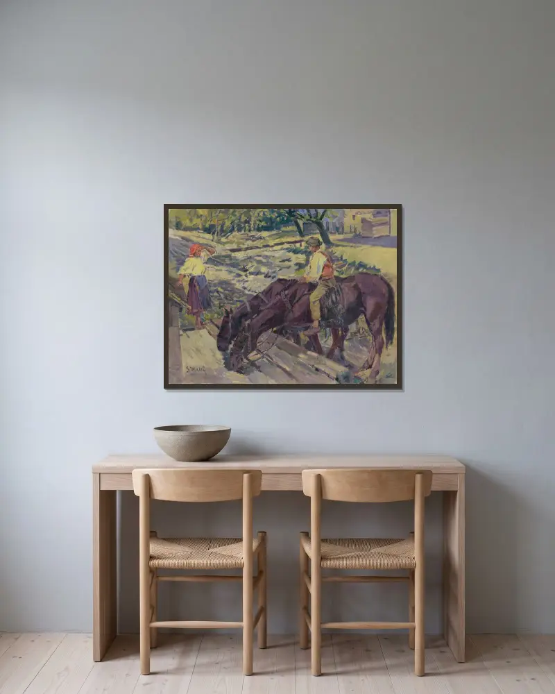 Watering Horses av Gustáv Mallý inramad på en vägg