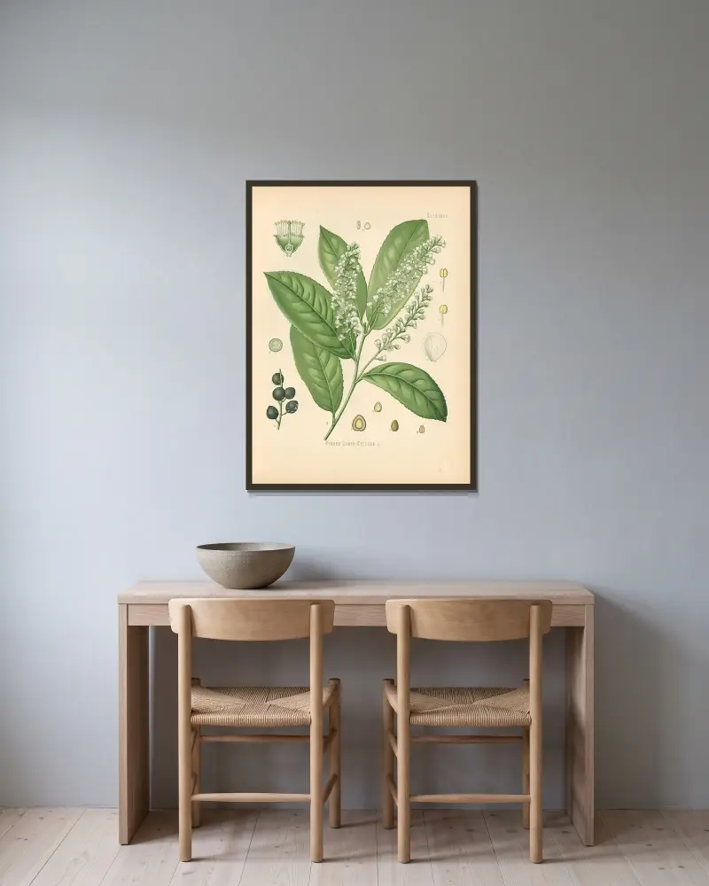 Prunus Laurocerasus av Gustav Pabst inramad på en vägg