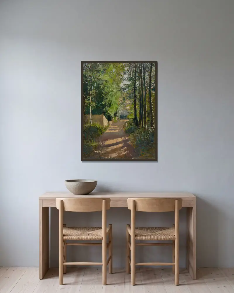 Allée sous-bois, Normandie av Gustave Caillebotte inramad på en vägg