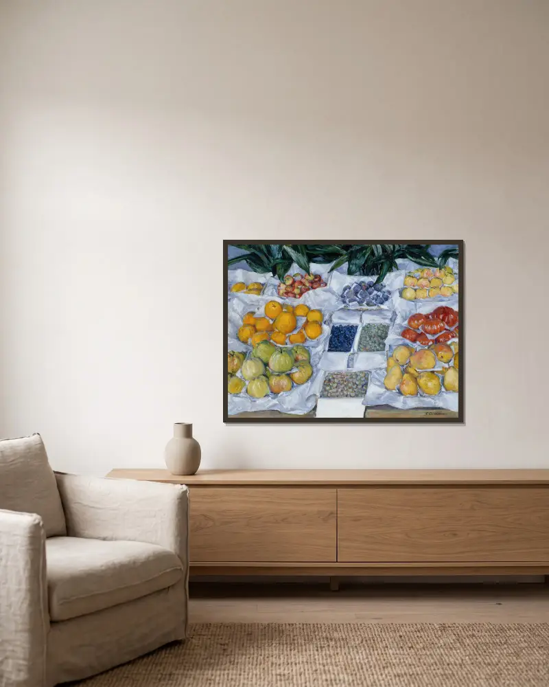 Obst auf einem Ständer von Gustave Caillebotte gerahmt an einer Wand