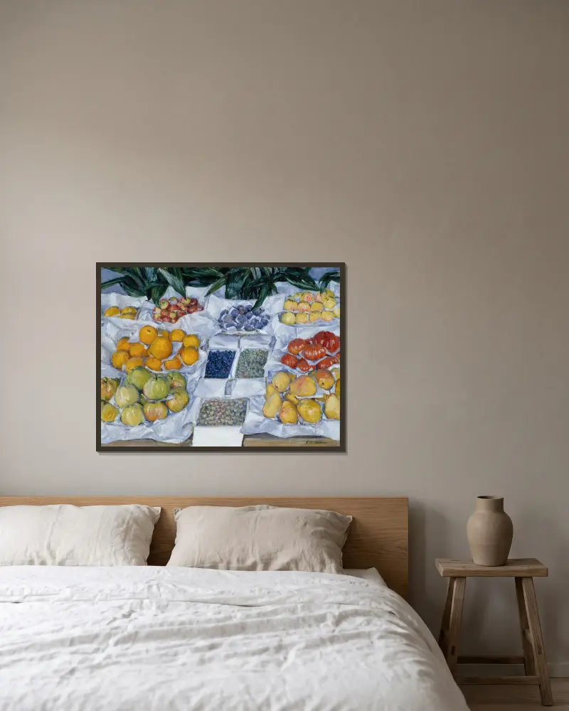 Obst auf einem Ständer von Gustave Caillebotte gerahmt an einer Wand