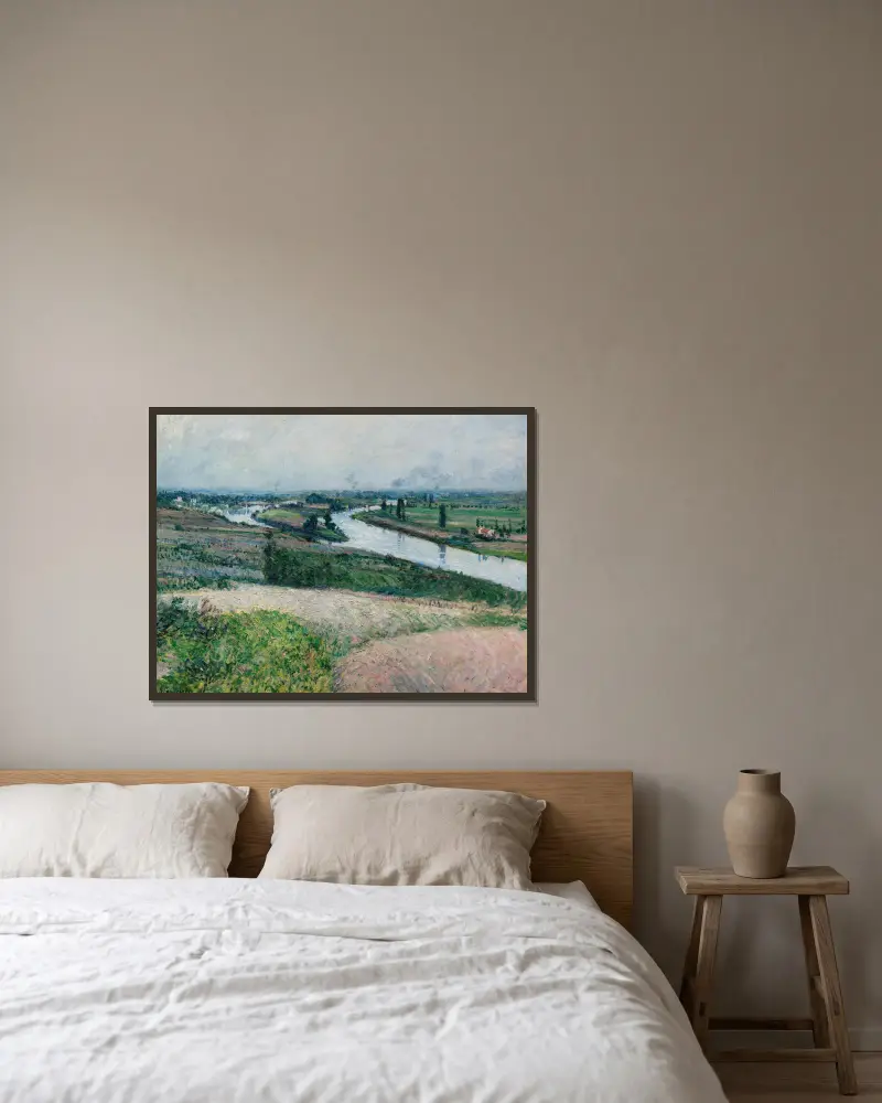 La Seine À La Pointe D’epinay av Gustave Caillebotte inramad på en vägg