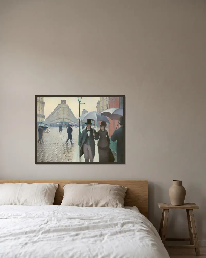 Paris Street; Rainy Day av Gustave Caillebotte inramad på en vägg