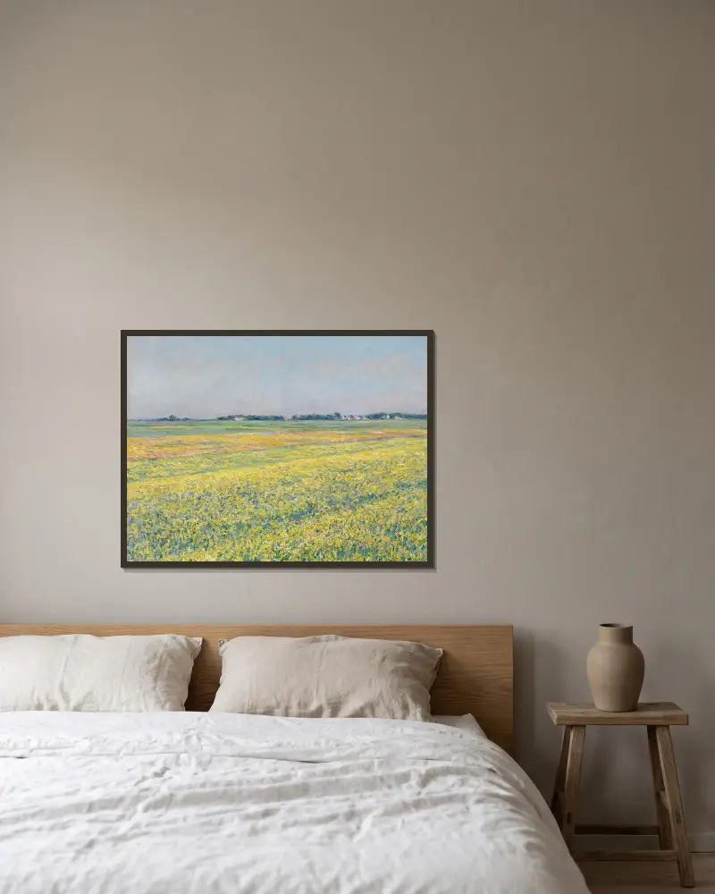 Die Ebene von Gennevilliers, gelbe Felder von Gustave Caillebotte gerahmt an einer Wand