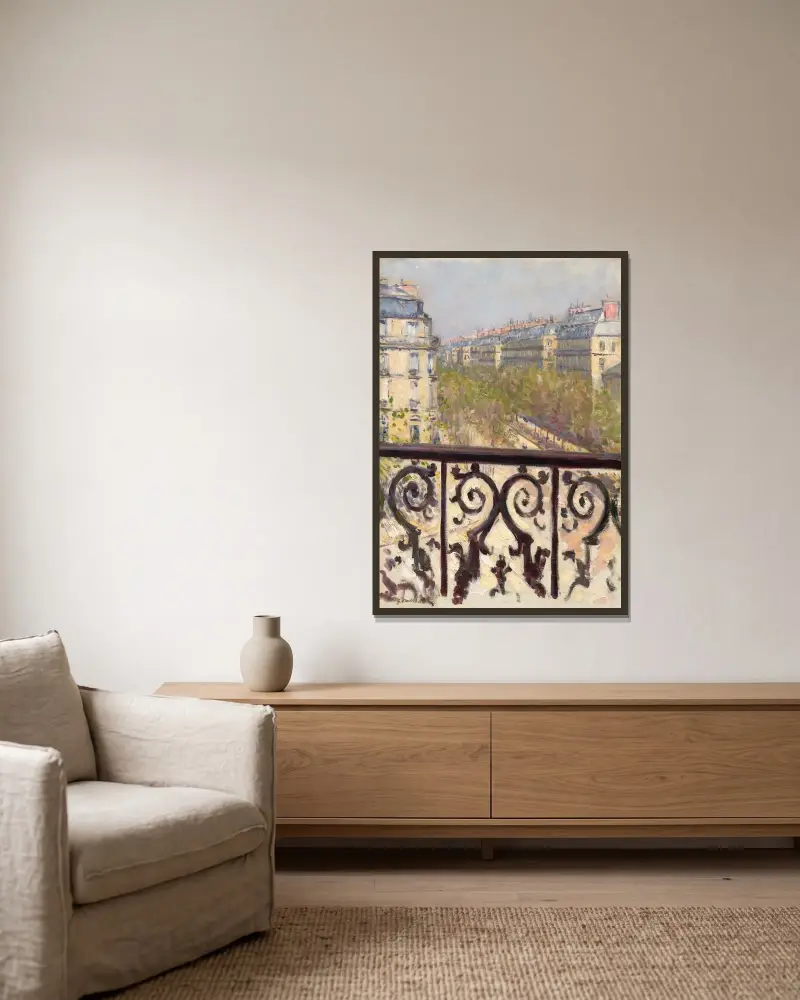 Un Balcon, Boulevard Haussmann av Gustave Caillebotte inramad på en vägg