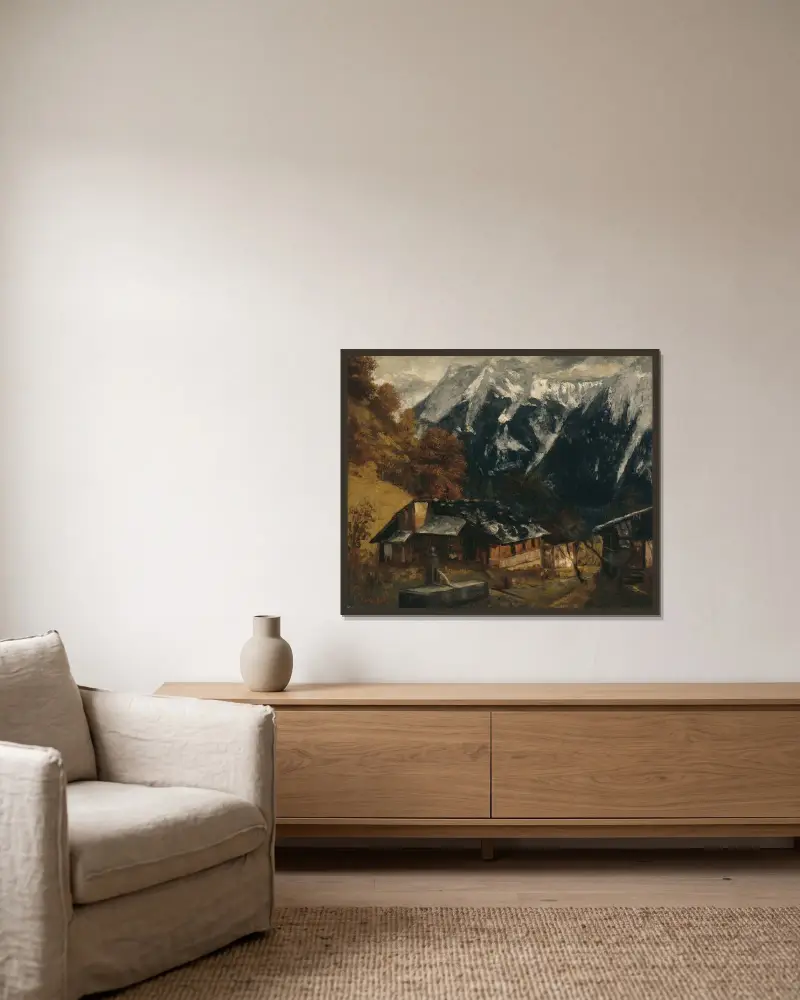 Eine Alpenszene von Gustave Courbet gerahmt an einer Wand