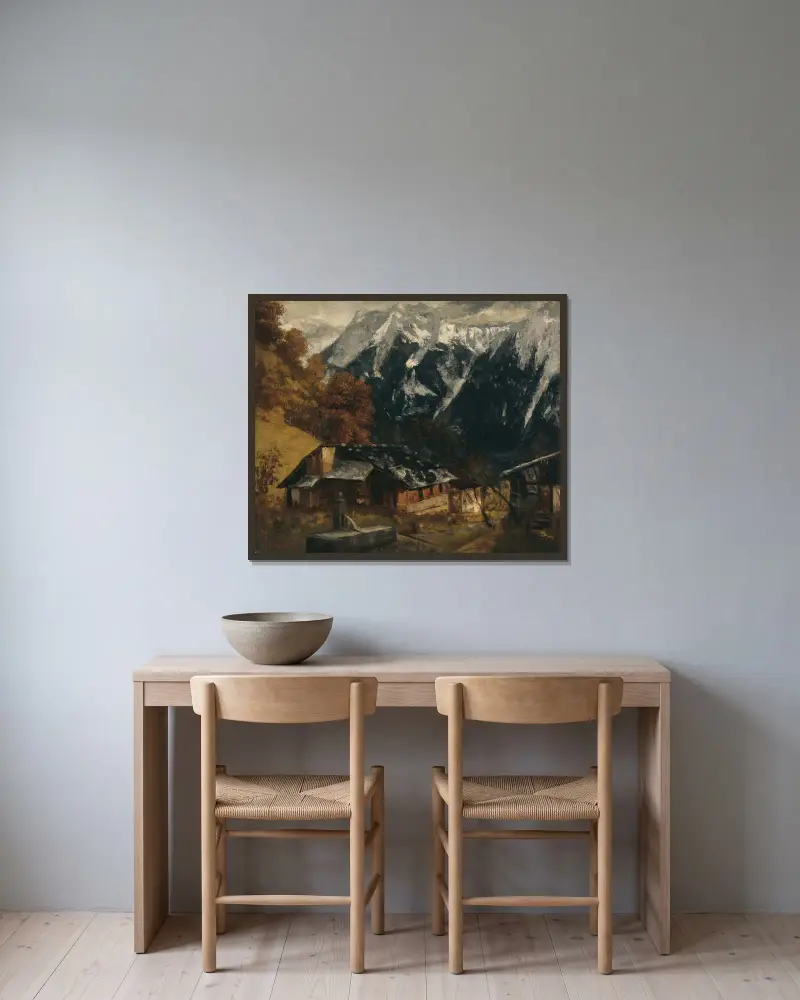 Eine Alpenszene von Gustave Courbet gerahmt an einer Wand