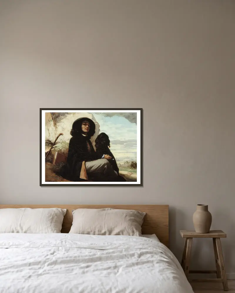 Autoportrait dit Courbet au chien noir av Gustave Courbet inramad på en vägg