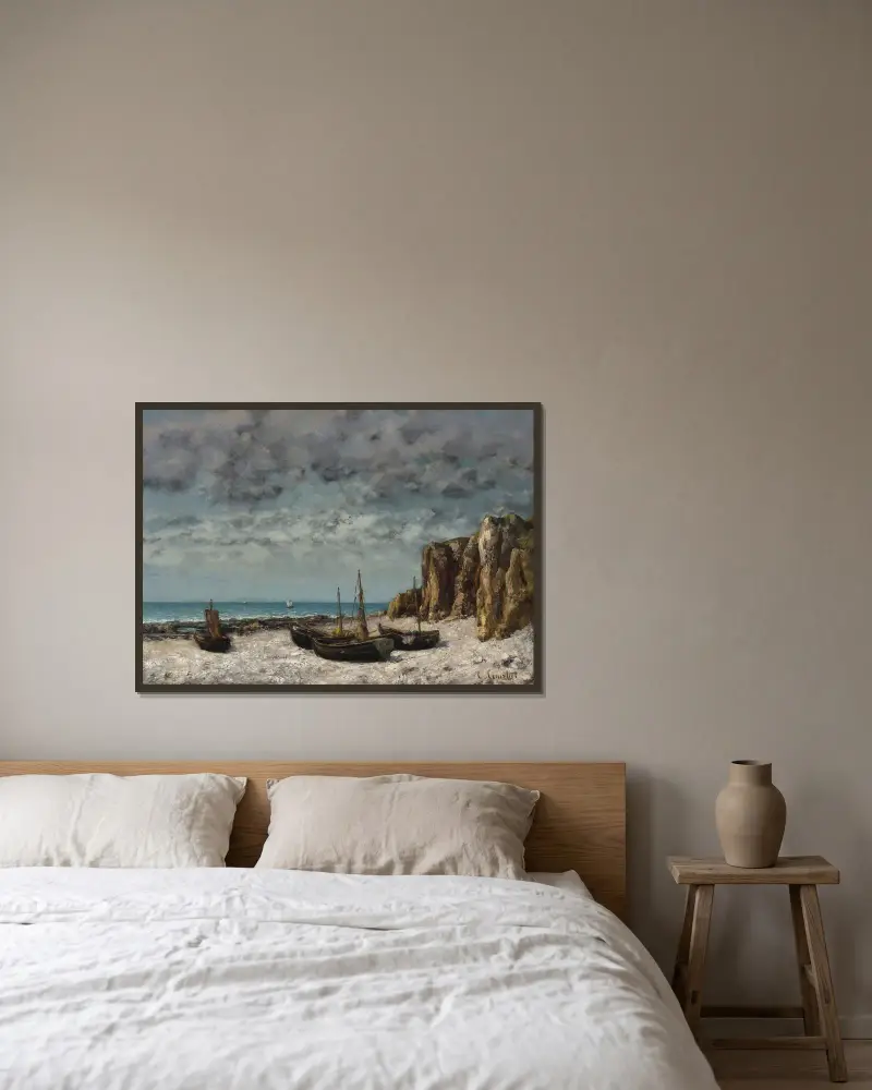 Boats on a Beach,Etretat av Gustave Courbet inramad på en vägg