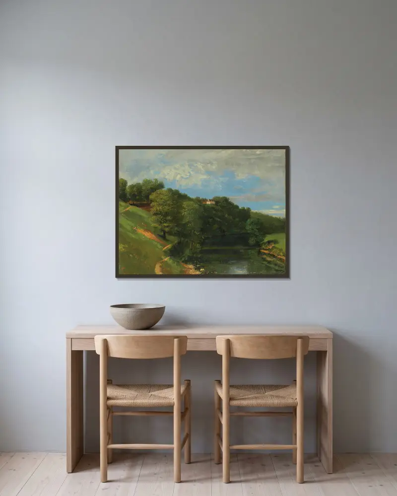 Château Au Bord De La Rivière av Gustave Courbet inramad på en vägg