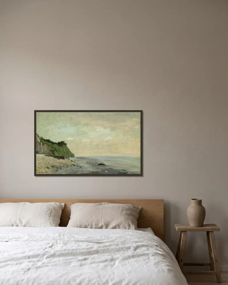 Cliffs on the Sea Coast; Small Beach, Sunrise (Falaise au bord de la mer, vu Petite Plage, soleil levant) av Gustave Courbet inramad på en vägg