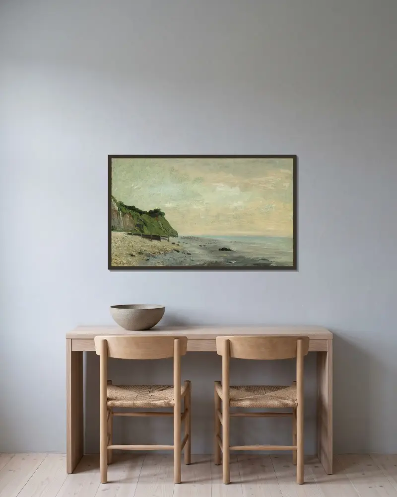 Cliffs on the Sea Coast; Small Beach, Sunrise (Falaise au bord de la mer, vu Petite Plage, soleil levant) av Gustave Courbet inramad på en vägg