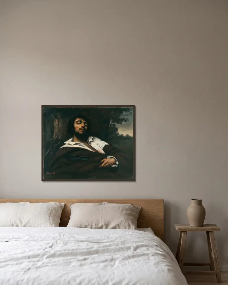 Der Verwundete av Gustave Courbet inramad på en vägg