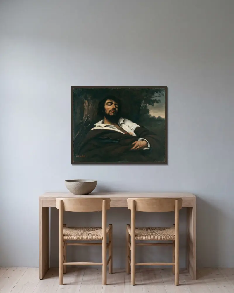 Der Verwundete av Gustave Courbet inramad på en vägg