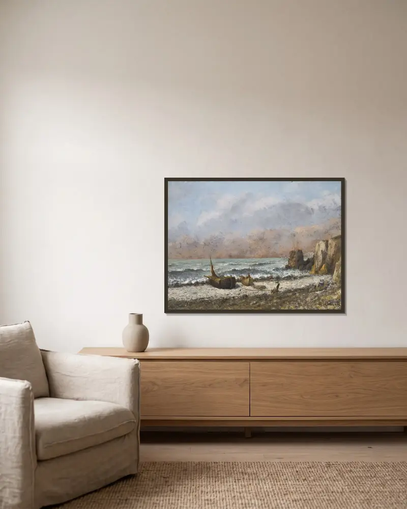 Deux bateaux sur la plage av Gustave Courbet inramad på en vägg