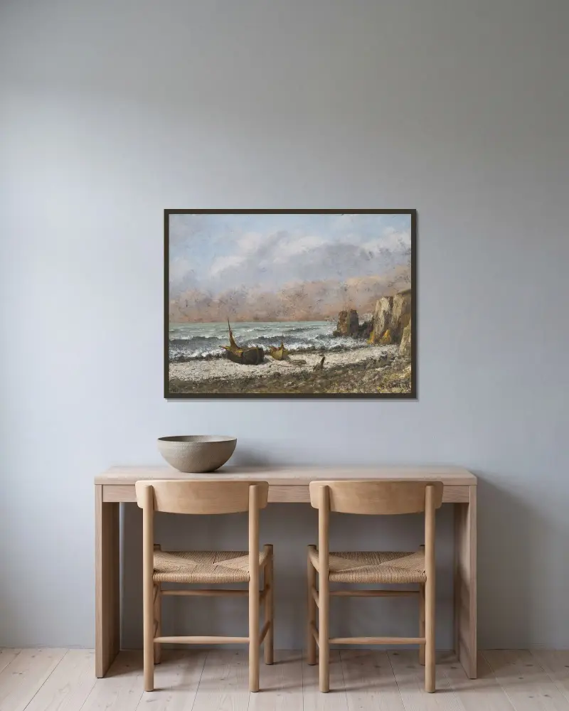 Deux bateaux sur la plage av Gustave Courbet inramad på en vägg