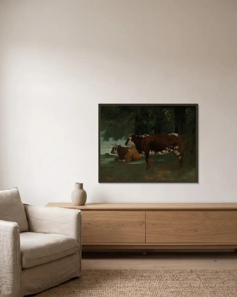Deux vaches a la robe marron av Gustave Courbet inramad på en vägg